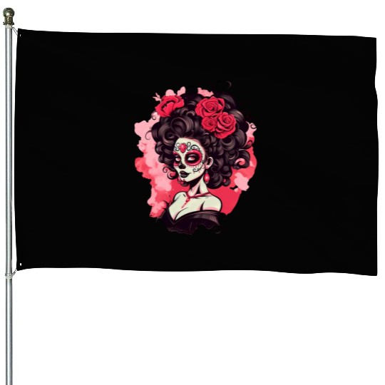 Dia de los muertos woman sugar skull with flowers House Flags