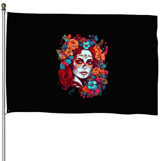 Dia de los muertos woman sugar skull with flowers House Flags