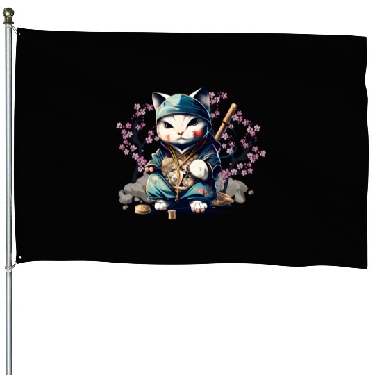 Samurai Cat Anime Kawaii Japanese Style House Flags