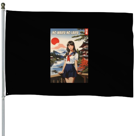 Funny Retro Art Style Anime Girl Japan Waifu Humor House Flags