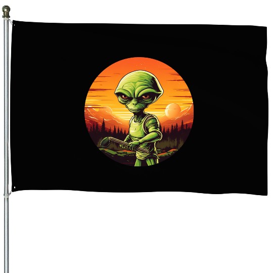 Green Alien Golfer - Extraterrestrial Playing Golf House Flags