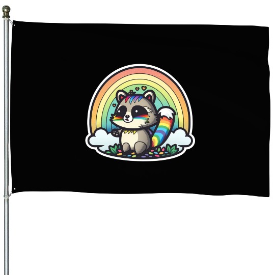 Weird Rainbow Raccoon House Flags