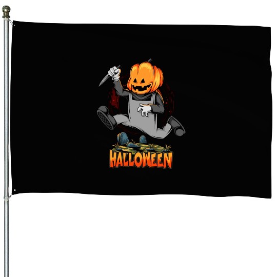 Halloween Pumpkin Head Zombie Running Grave With House Flags