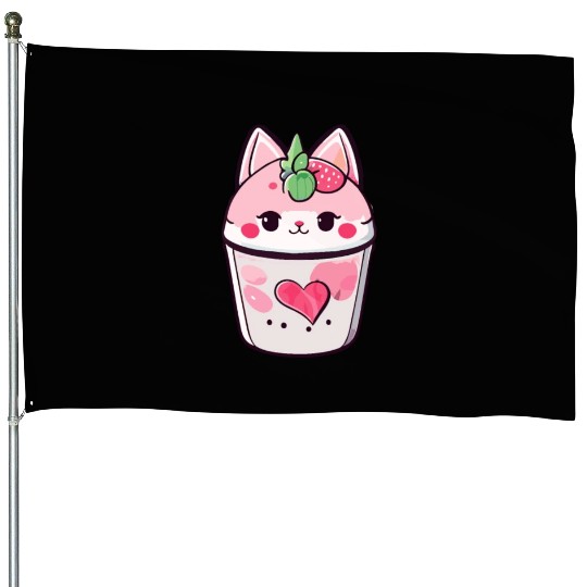 Cat Strawberry Milk Shake Kawaii House Flags