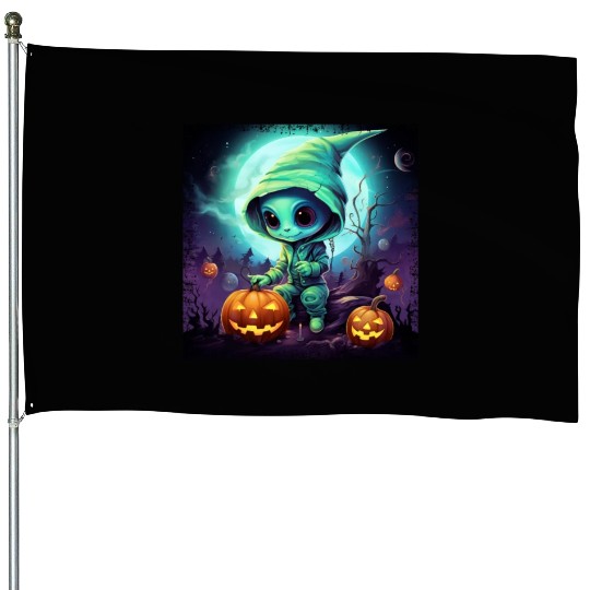 Alien Halloween: Green Extraterrestrial with House Flags