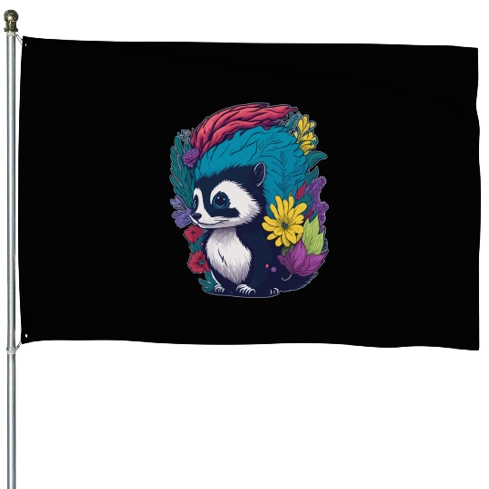 Cute Skunk Punk with Flowers House Flags