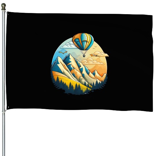 Hot air balloon over the mountains House Flags