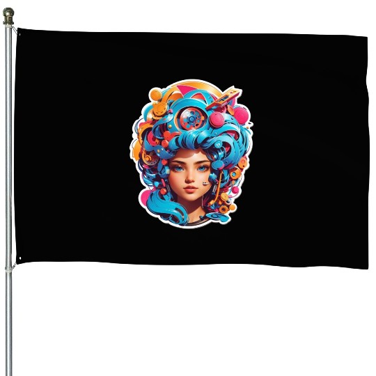Psychedelic girl with multi color hair. futuristic House Flags