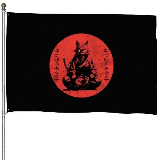 Wise Calm Vintage Retro Japanese Kitty Samurai Cat House Flags