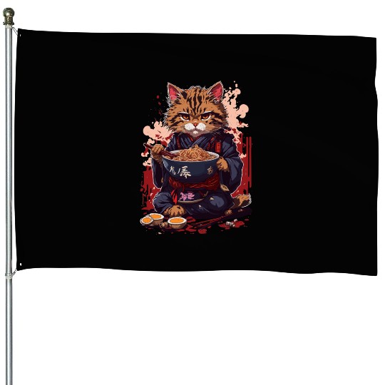 cute cat with ramen bowl design House Flags