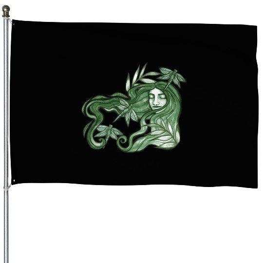 Dragonfly Goddess In Green House Flags