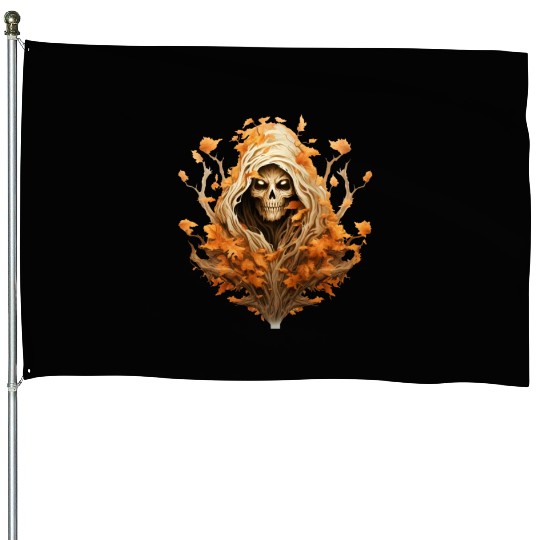 Halloween Autumn with Skull Tree and Grim Reaper House Flags