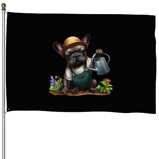 Frenchie Playing in the Garden House Flags