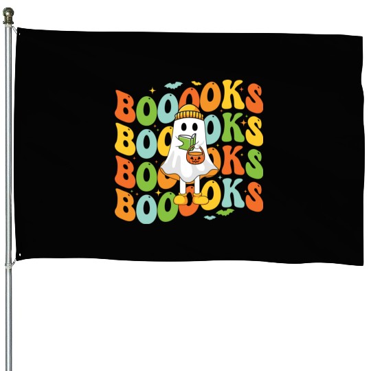 Booooks Cute Ghost Reading A Book Funny Book Lover House Flags