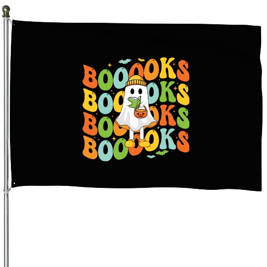 Booooks Cute Ghost Reading A Book Funny Book Lover House Flags