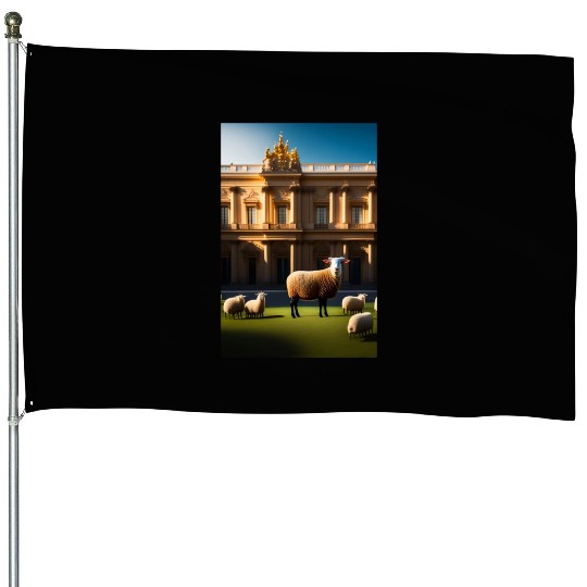 sheep in baroque armor in front of palace made of House Flags