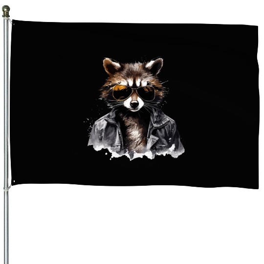 Cool raccoon in black jacket House Flags