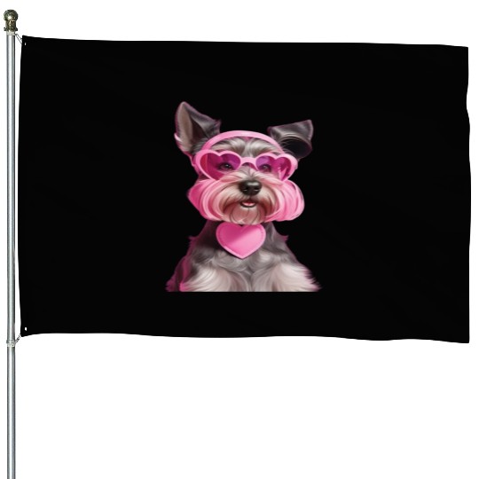 Miniature Schnauzer Wearing Pink Heart Collar House Flags