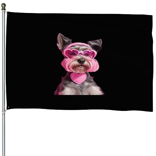 Miniature Schnauzer Wearing Pink Heart Collar House Flags
