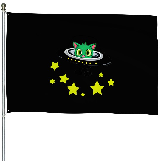 Cat Alien In UFO With Stars House Flags