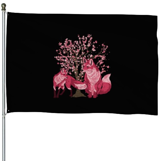 Cherry blossom tree forest animal gift sakura fox House Flags