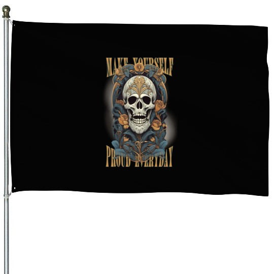 Art deco style Skull with flowers and Motivation b House Flags