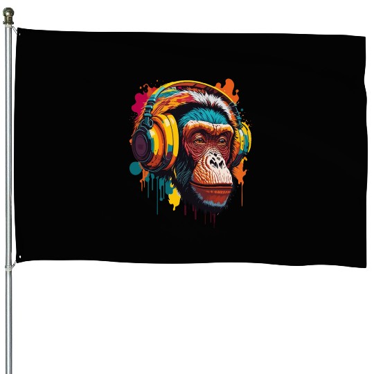 Chimpanzee Wearing Headphone House Flags