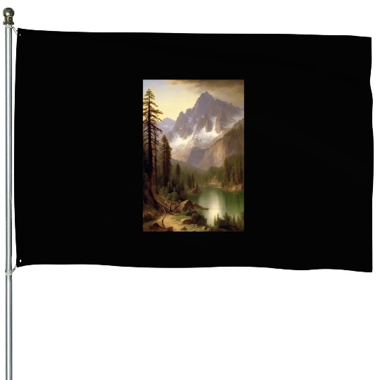 Snowy Mountain Lake Landscape Painting House Flags