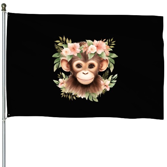 Monkey Chimpanzee Jungle Animal Boho Floral Ape House Flags