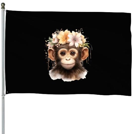 Monkey Chimpanzee Jungle Animal Boho Floral Ape House Flags