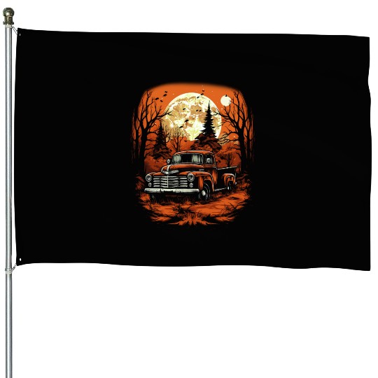 Creepy Old Truck Halloween Haunted Classic Truck House Flags