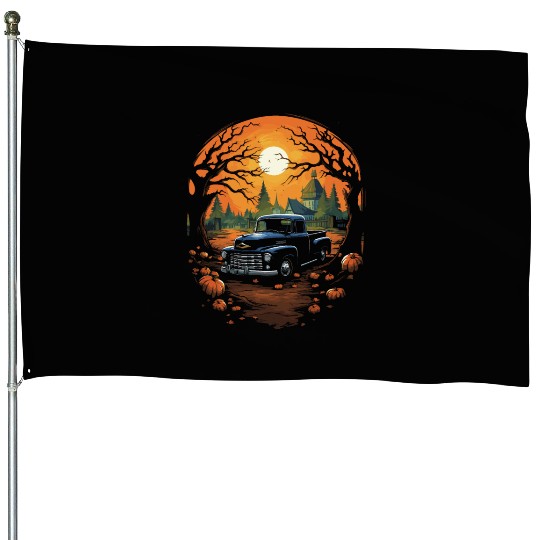 Creepy Old Truck Halloween Haunted Classic Truck House Flags
