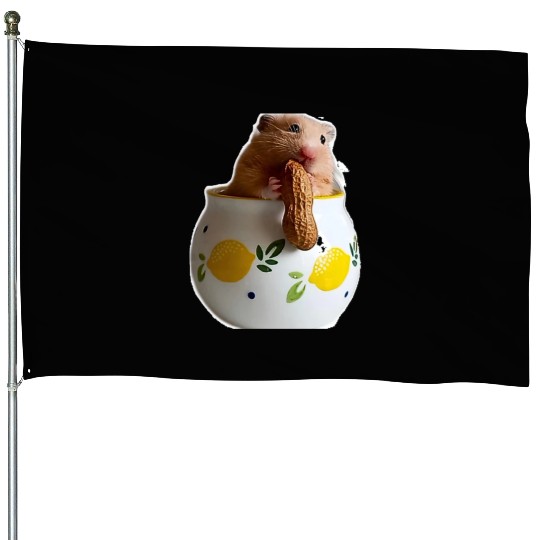 Beautiful hamster Caramella holding a peanut House Flags