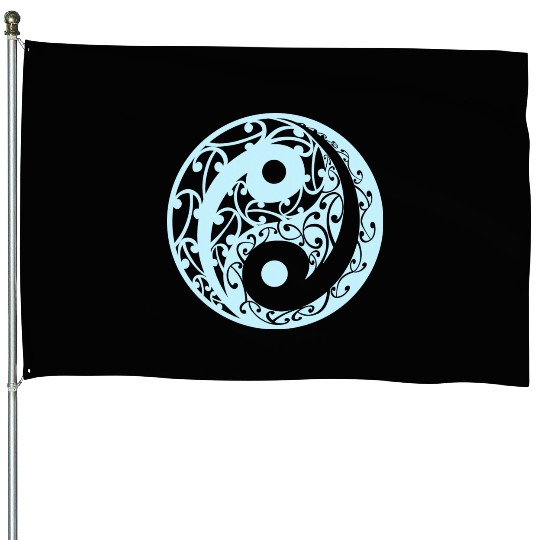 Yin And Yang In A Koru Pattern In A Light Blue House Flags