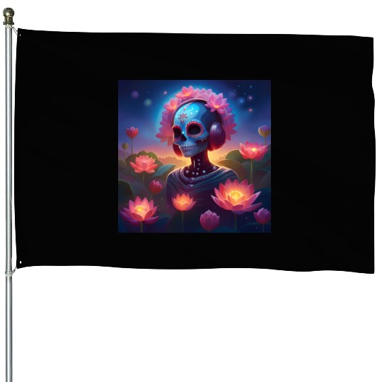 Sugar Skull Lotus Melody Medley House Flags