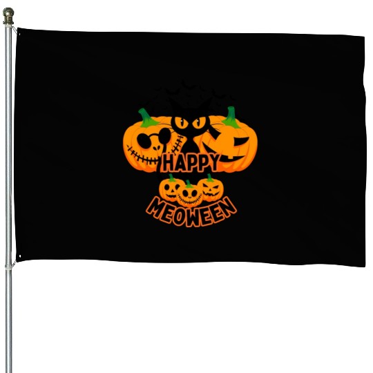 Happy Meoween Black Cat House Flags