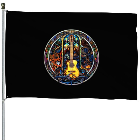 Funny Guitar Artistic Style - Guitar Stained Glass House Flags