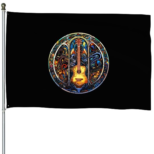Guitar Stained Glass Style - Funny Guitar Art House Flags