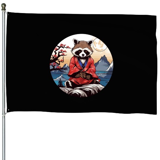 tanuki raccoon dog in kimono in anime style House Flags