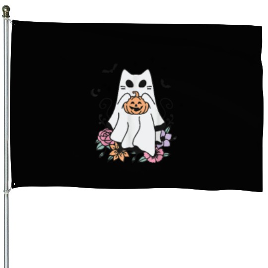 Stay Spooky Halloween Ghost Cat House Flags