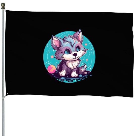 Digital Art Fox Sitting on Rock Crescent Moon House Flags