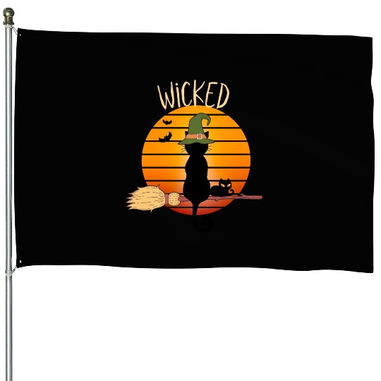 Wicked Cat Witch Funny Halloween Witch House Flags