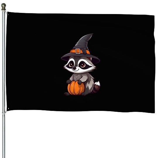 Cute Halloween raccoon with a witch hat. House Flags