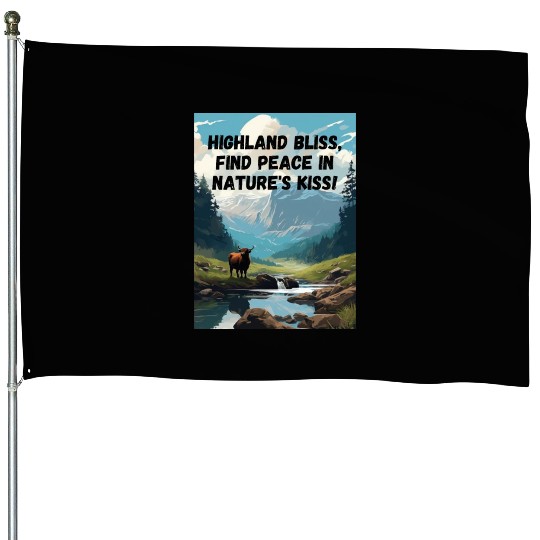 Highland Mountain Landscape with a highland cow House Flags