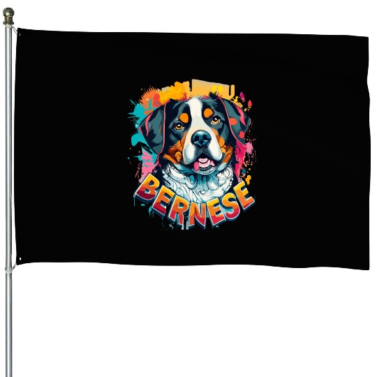 Bernese Mountain Dog Head Vibrant Color Splash House Flags