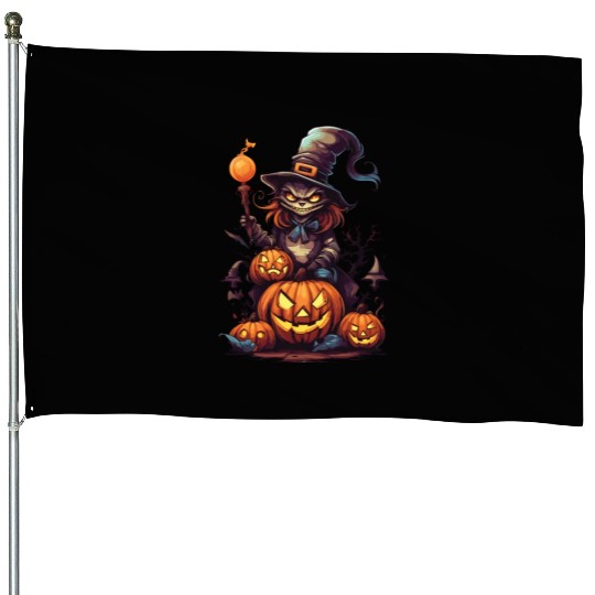Enchanted Harvest: Witch's Delight amidst Pumpkins House Flags
