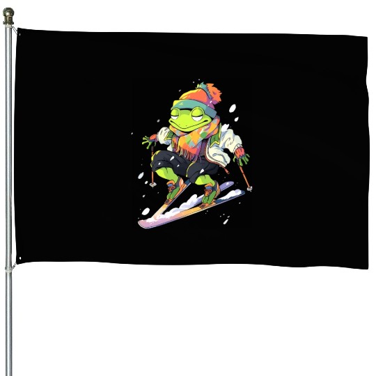 Frog Skiing Skier Ski Winter Snow House Flags