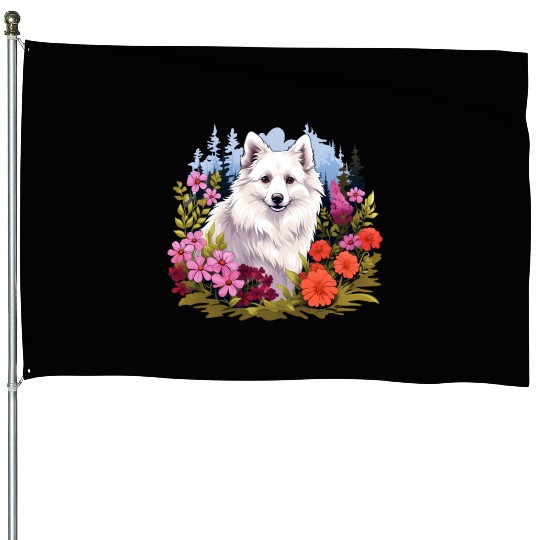 American Eskimo Dog Cute Flower Mountain Puppy Dog House Flags