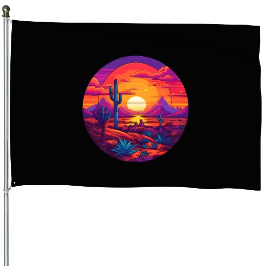 Circular Hazy Desert Mountain Sunrise House Flags