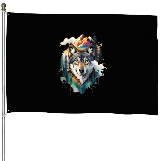 Majestic Mountain Wolf Nature Inspired Artwork House Flags